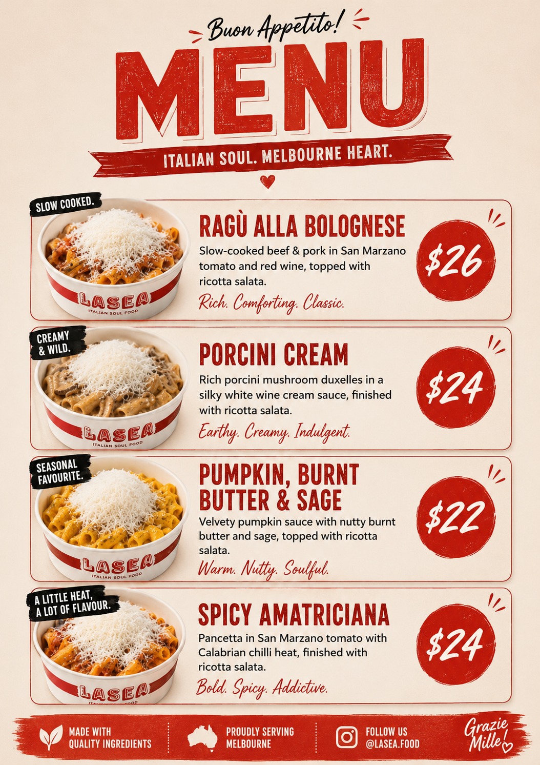 MASSA menu — full list of pasta dishes and prices